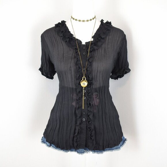 VTG 00s Y2K Sunny Leigh Black Sheer Pleated Ruffle Short Sleeve Button-Up Blouse - Picture 1 of 6